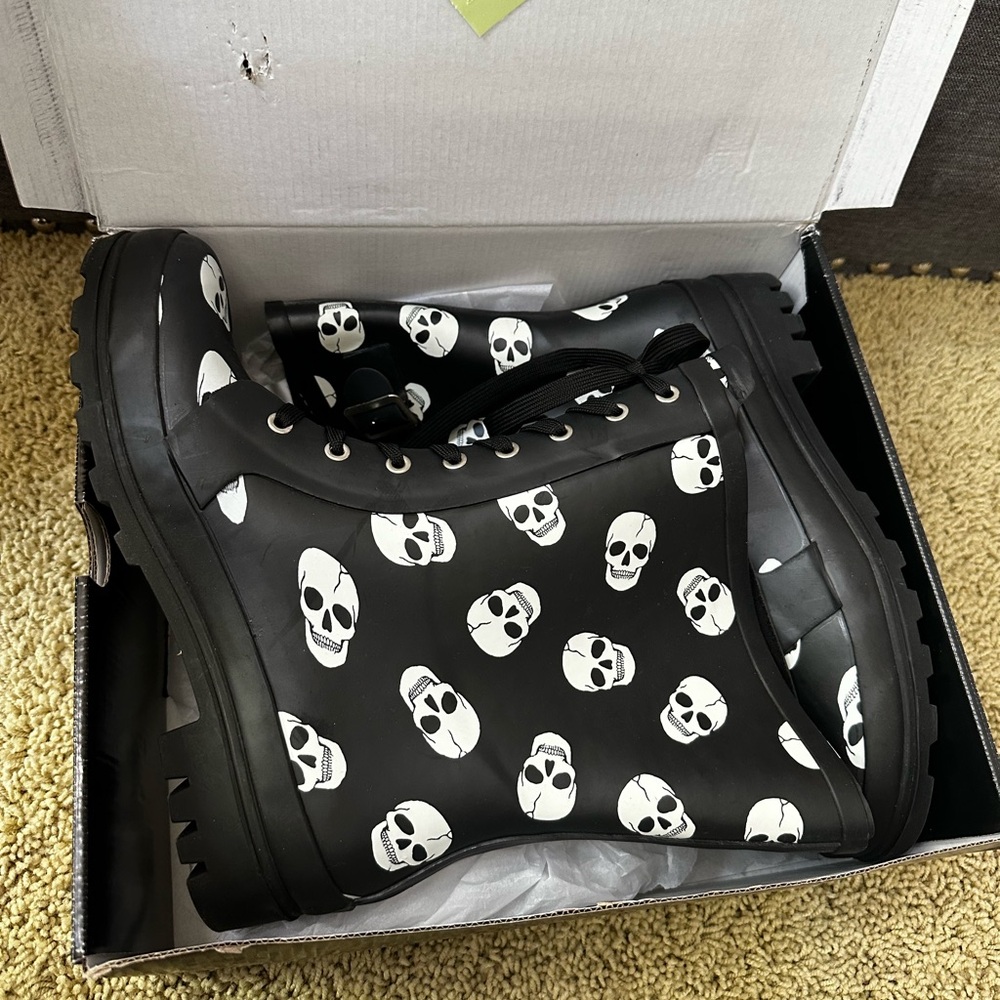 Torrid Black Skull Combat Rainboot. NWT in box. Size 11 Women’s